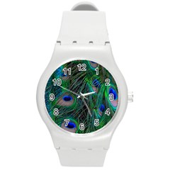 Beautiful Peacock Feathers Round Plastic Sport Watch (m) by Ravend