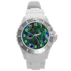 Beautiful Peacock Feathers Round Plastic Sport Watch (l) by Ravend