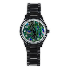 Beautiful Peacock Feathers Stainless Steel Round Watch by Ravend