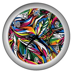 Tropical Monstera Pattern Leaf Wall Clock (silver) by Ravend