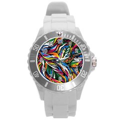 Tropical Monstera Pattern Leaf Round Plastic Sport Watch (l) by Ravend