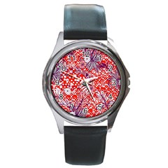 Leaf Red Point Flower White Round Metal Watch by Ravend