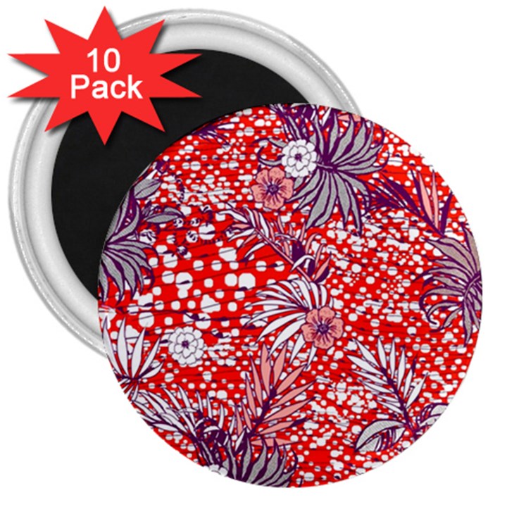 Leaf Red Point Flower White 3  Magnets (10 pack) 