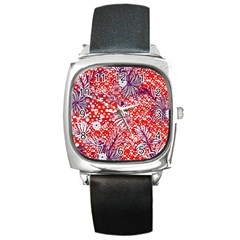 Leaf Red Point Flower White Square Metal Watch by Ravend