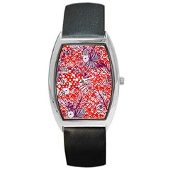 Leaf Red Point Flower White Barrel Style Metal Watch by Ravend