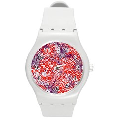 Leaf Red Point Flower White Round Plastic Sport Watch (m) by Ravend