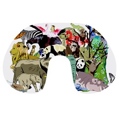 Zoo-animals-peacock-lion-hippo Travel Neck Pillow by Pakrebo