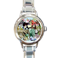 Zoo-animals-peacock-lion-hippo- Round Italian Charm Watch by Pakrebo