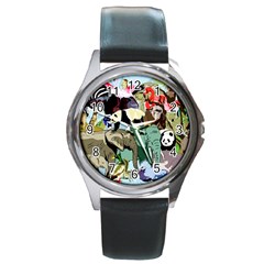 Zoo-animals-peacock-lion-hippo- Round Metal Watch by Pakrebo