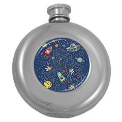 Illustration Cat Space Astronaut Rocket Maze Round Hip Flask (5 Oz) by Ravend