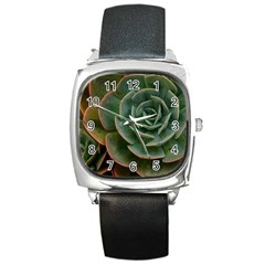 Green Orchid Plant Pattern Square Metal Watch by Ravend