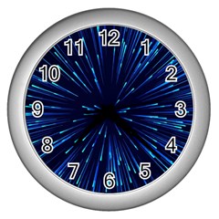 Particle Art Background Blue Wall Clock (silver) by Ravend