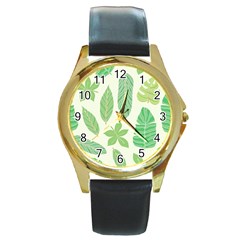 Watercolor Banana Leaves  Round Gold Metal Watch by ConteMonfrey