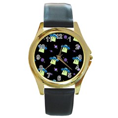 Illustration Cosmos Cosmo Rocket Spaceship -ufo Round Gold Metal Watch