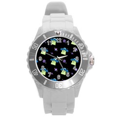 Illustration Cosmos Cosmo Rocket Spaceship Ufo Round Plastic Sport Watch (l)