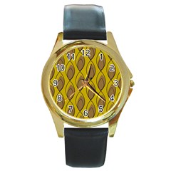 Yellow Brown Minimalist Leaves  Round Gold Metal Watch