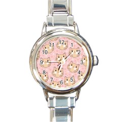 Cat Pattern Pink Background Round Italian Charm Watch