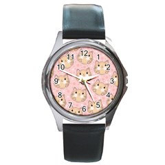 Cat Pattern Pink Background Round Metal Watch