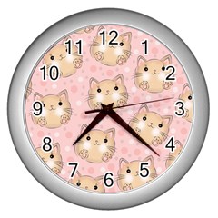 Cat Pattern Pink Background Wall Clock (silver) by danenraven