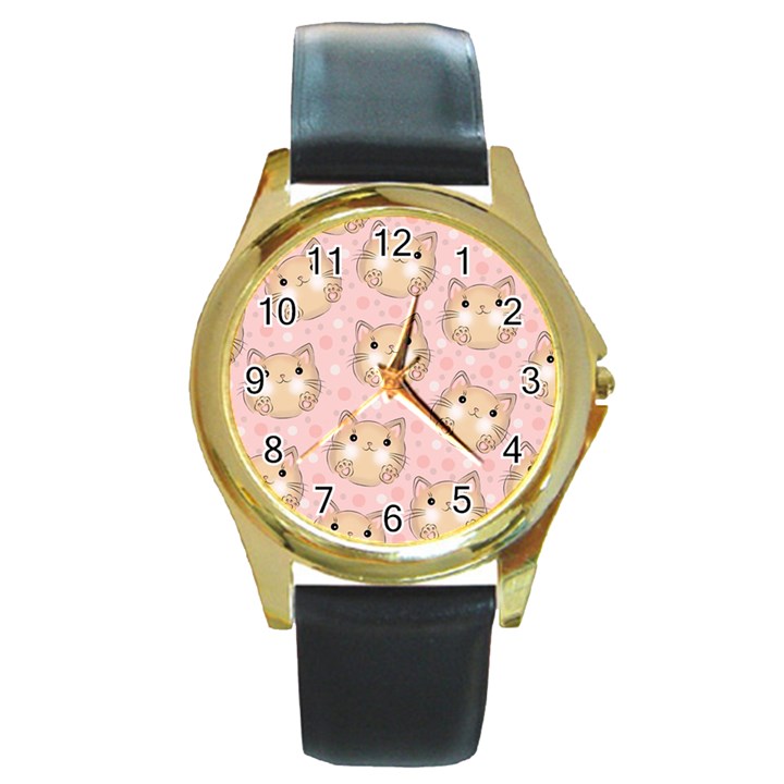 Cat Pattern Pink Background Round Gold Metal Watch