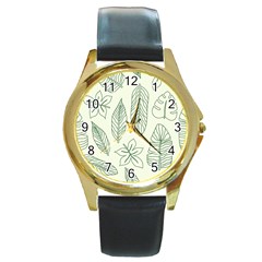 Banana Leaves Draw  Round Gold Metal Watch by ConteMonfrey