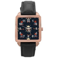 Floral-bugs-seamless-pattern Rose Gold Leather Watch 