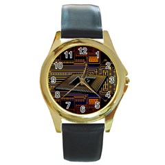 Processor-cpu-board-circuits Round Gold Metal Watch