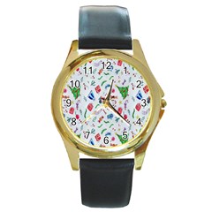 New Year Christmas Winter Watercolor Round Gold Metal Watch by artworkshop