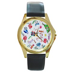 New Year Christmas Sketch Gifts Round Gold Metal Watch by artworkshop