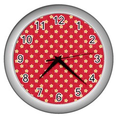 Felt Background Paper Red Yellow Star Wall Clock (silver) by artworkshop