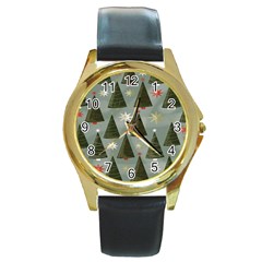 Christmas Trees Pattern Round Gold Metal Watch