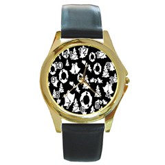 Black Card Christmas December Round Gold Metal Watch by artworkshop