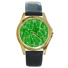 Green Banana Leaves Round Gold Metal Watch by ConteMonfrey