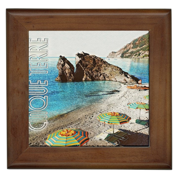 Beach Day At Cinque Terre, Colorful Italy Vintage Framed Tile