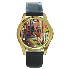 Venice Canals Art   Round Gold Metal Watch by ConteMonfrey