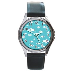 Blue Fish Pattern Round Metal Watch by danenraven