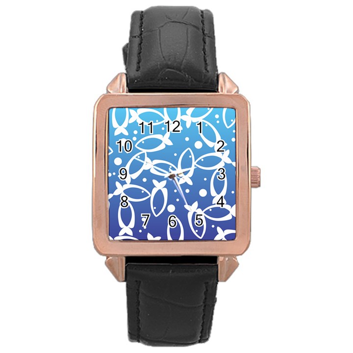 Blue Fish Water Aquarium Rose Gold Leather Watch 