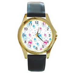 Jellyfis Pink Blue Cartoon Round Gold Metal Watch by danenraven