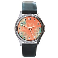 Teal Coral Abstract Floral Cream Round Metal Watch by danenraven