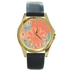 Teal Coral Abstract Floral Cream Round Gold Metal Watch by danenraven