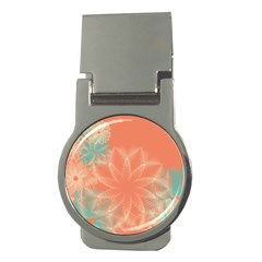 Teal Coral Abstract Floral Cream Money Clips (round)  by danenraven