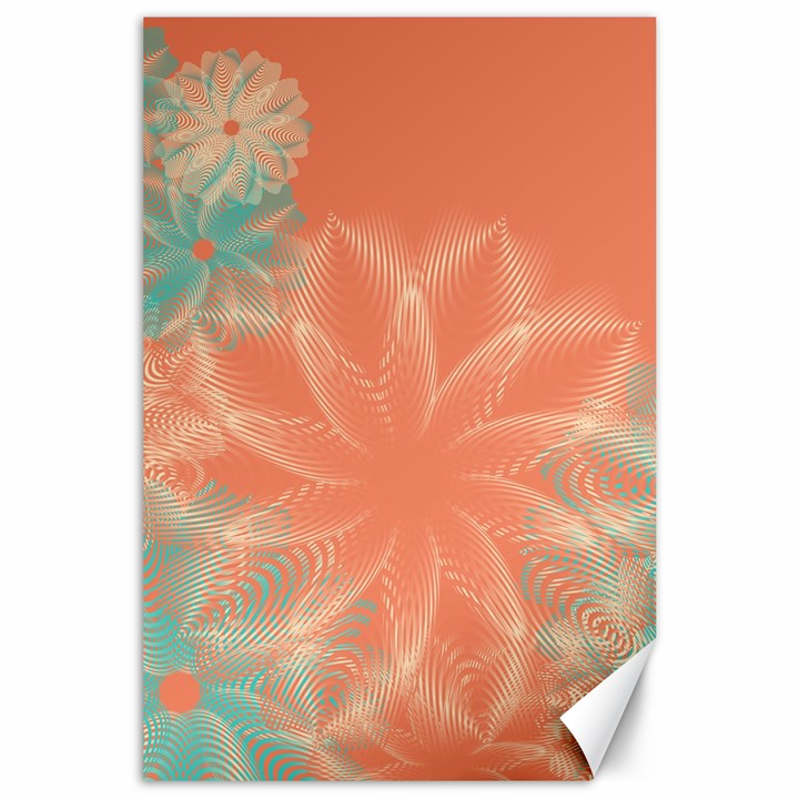 Teal Coral Abstract Floral Cream Canvas 24  x 36 