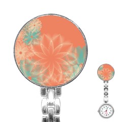 Teal Coral Abstract Floral Cream Stainless Steel Nurses Watch by danenraven