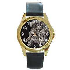 Angry Male Lion Round Gold Metal Watch