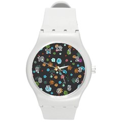 Flowers-leaves Leaf Background Floral Flora Round Plastic Sport Watch (m) by danenraven