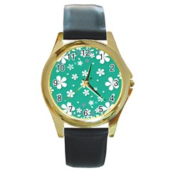 Illustration Background Daisy Flower Floral Round Gold Metal Watch by danenraven