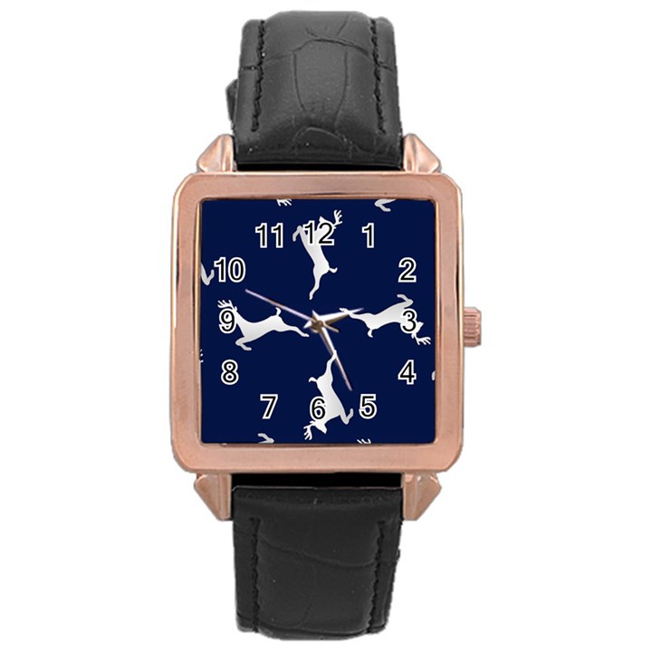 Silver Reindeer Blue Rose Gold Leather Watch 