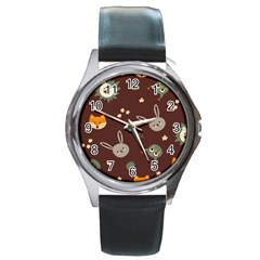 Rabbits, Owls And Cute Little Porcupines  Round Metal Watch by ConteMonfreyShop