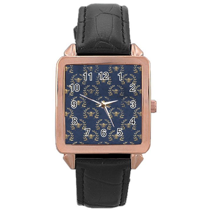 Blue Golden Bee   Rose Gold Leather Watch 