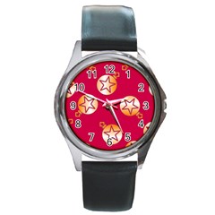 Orange Ornaments With Stars Pink Round Metal Watch